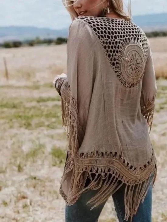 Accessories - Mocha Crochet Medallion Tassel Bohemian Kimon Open Wrap Top One Size